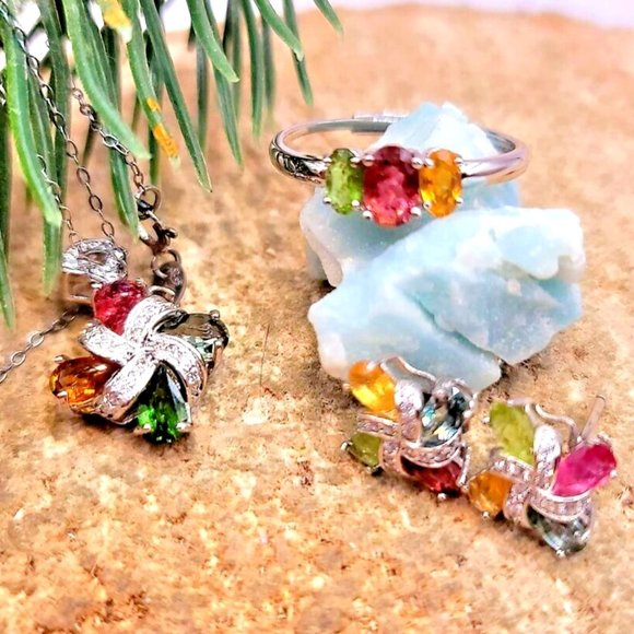 Nature Tourmalines Gemstone Windwill  925 Jewelry 4pcs Set - Picture 2 of 10